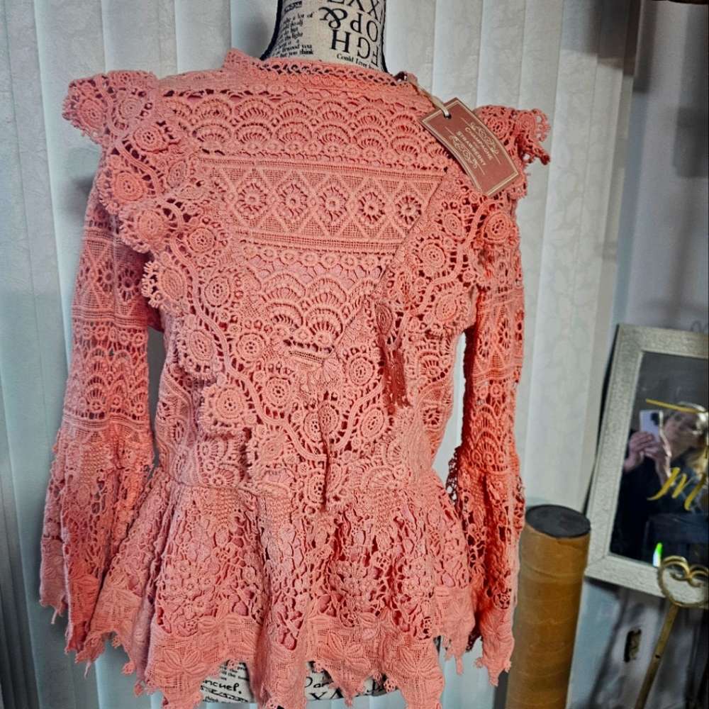 Champagne and strawberry lace blouse